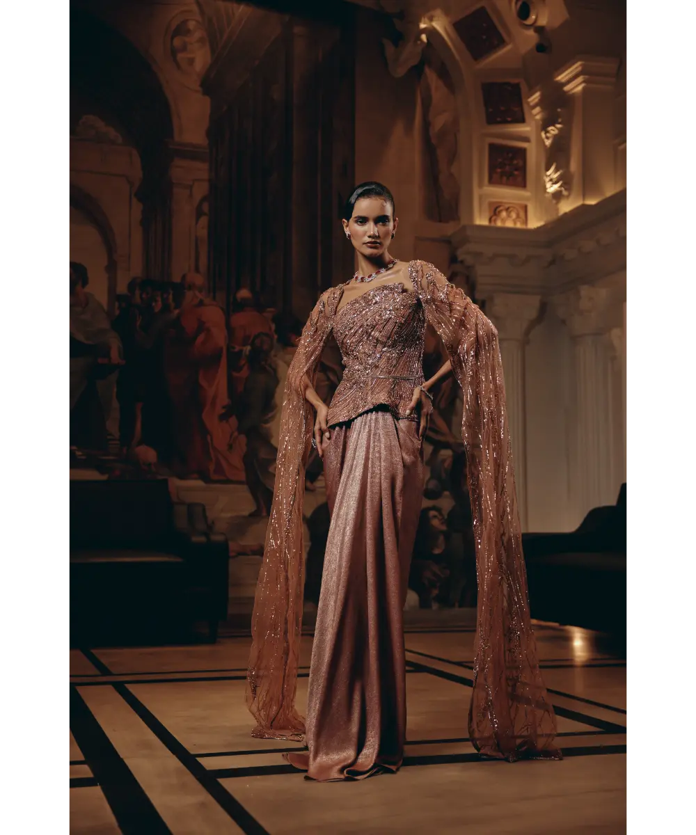 ADAARA COUTURE - Rose Gold Cape Saree